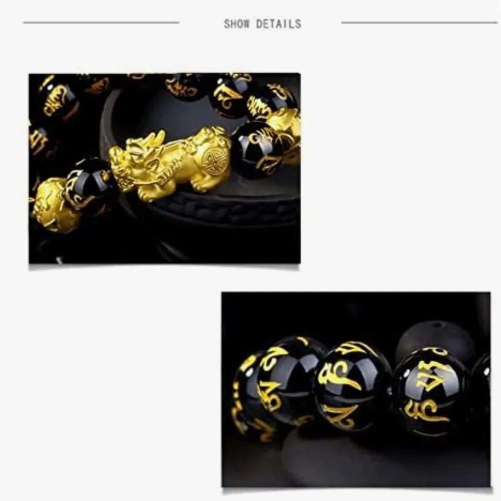 2 Feng Shui Wealth Bracelet Set - Gold Black Pixiu for Good Luck and Prosperity